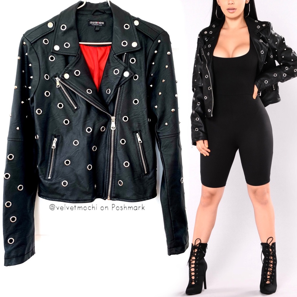 Fashion Nova · Studded Grommet Motorcycle Biker Jacket - Guinness Moto Jacket - Picture 2 of 13